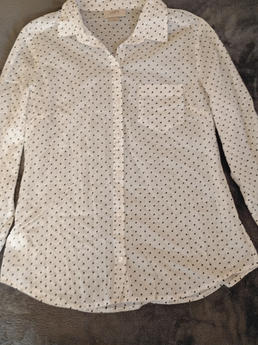 LOFT White Button-Down Shirt with Black Polka Dots